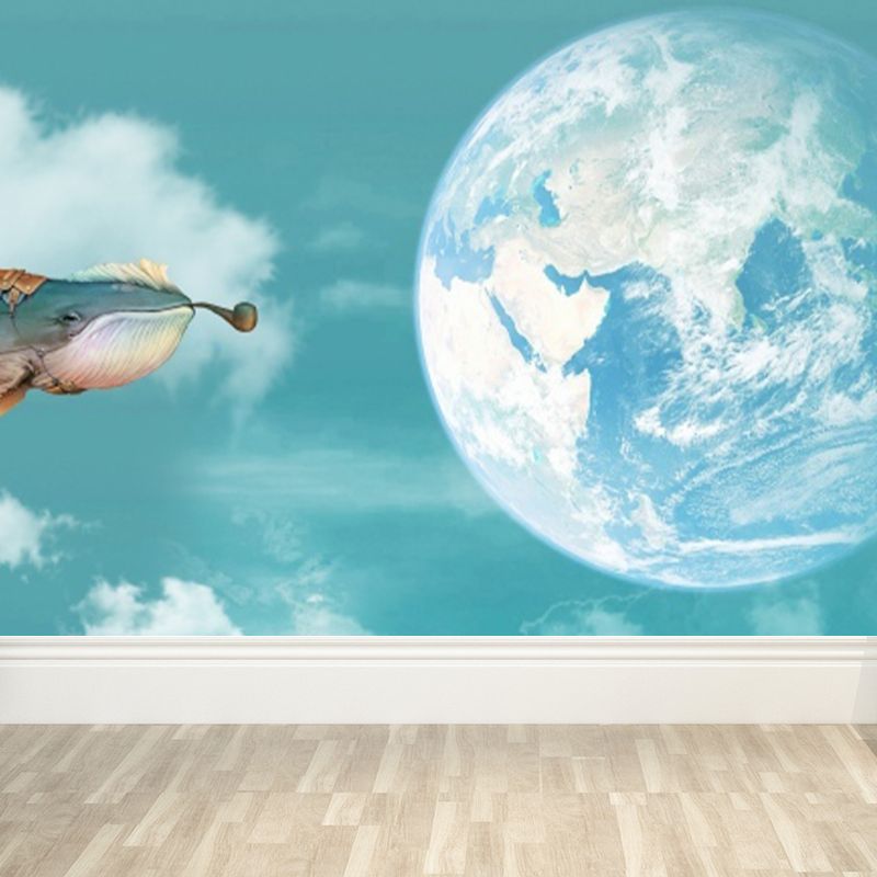 Non-Woven Big Blue Mural Cartoon Whale and the Earth Wall Art, Custom Size Available