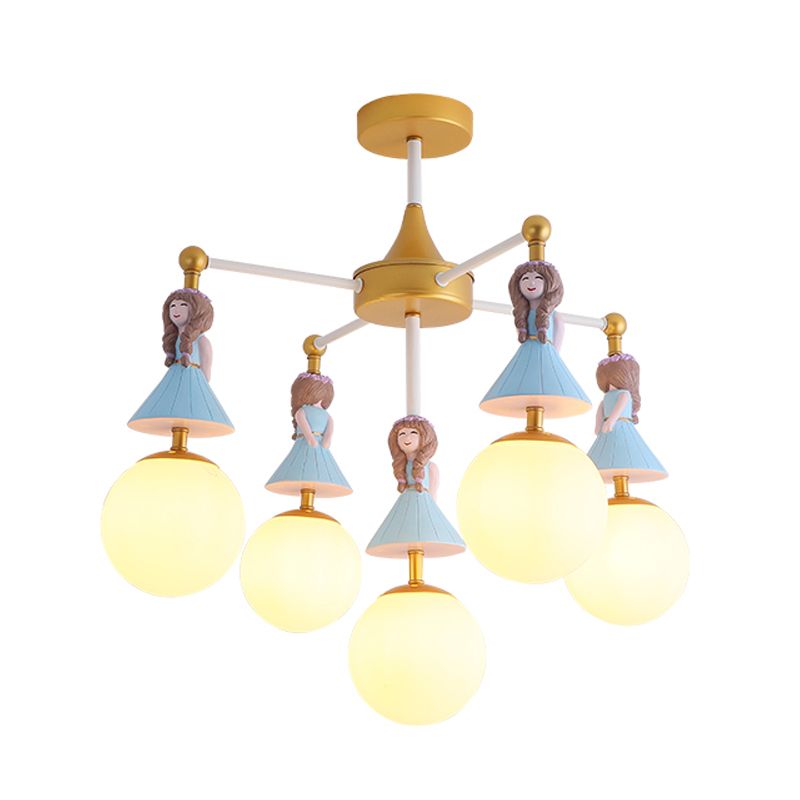 Cartoon Girl Semi-Flush Ceiling Light Resin 5-Bulb Kids Bedroom Flush Mount with Ball White Glass Shade in Blue