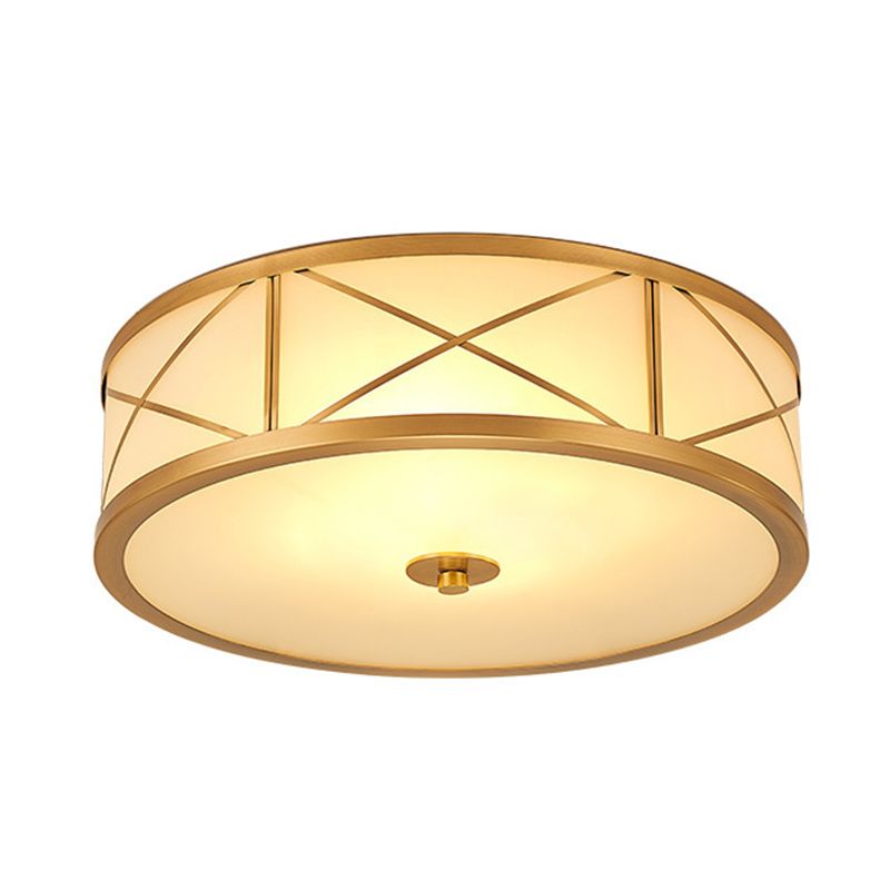 Frosted White Glass Flush Light Colonial Brass Drum Shaped Bedroom Ceiling Light