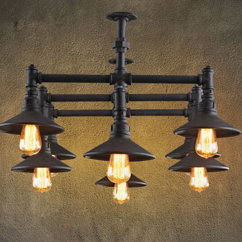 Black Piping Pendant Lighting Industrial Iron Black Finish Chandelier with Conical Lampshade