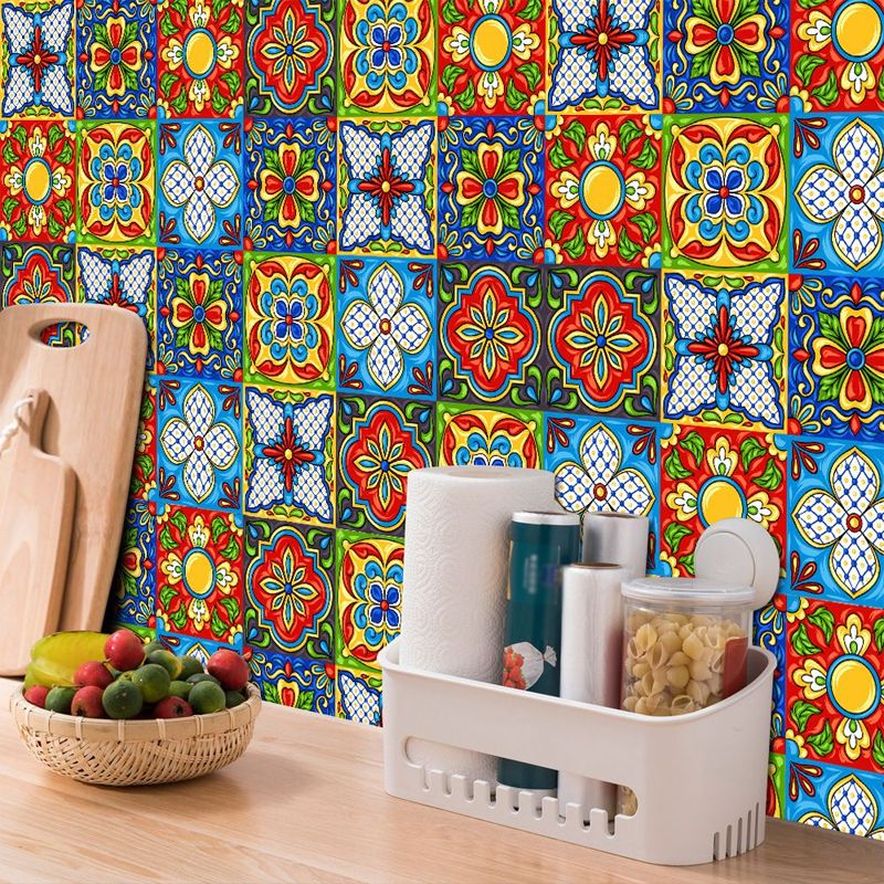 Exotic Tribal Pattern Stick Wallpaper Panel for Kitchen, Red-Yellow-Blue, 8' x 8"