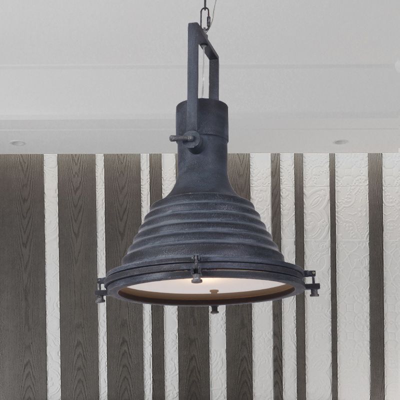 Industrieel geribbelde conische suspensie Licht 1 lamp metallic hangende plafondlamp in zwart met handvat