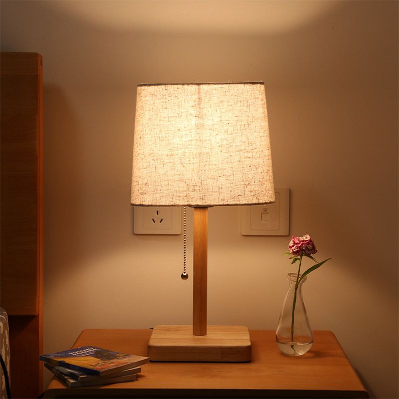 1-Light Bedroom Pull Chain Table Light Nordic Wood Nightstand Lamp with Square Fabric Shade