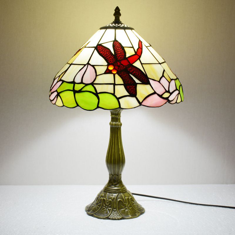 Handcrafted Stained Glass Cone Night Lamp Tiffany 1 Light Bronze Finish Table Lighting with Dragonfly and Lotus Pattern