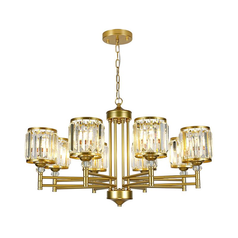 Metal Frame Parlour Pendant Light Modern Crystal Drum Shade 8 Heads Black/Gold Chandelier Lamp