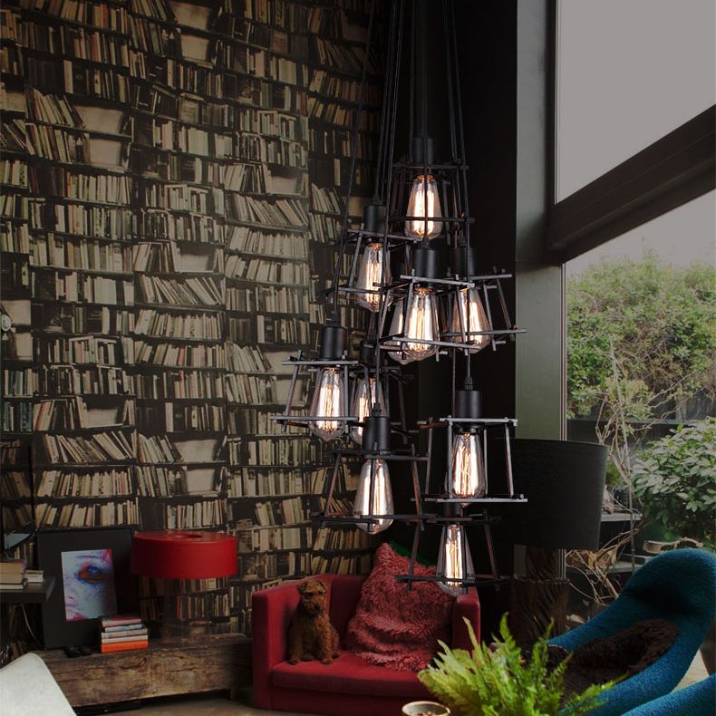 Black Cage Shade Multiple Hanging Pendant Lights Industrial Metal Multi Light Pendant Lighting for Living Room