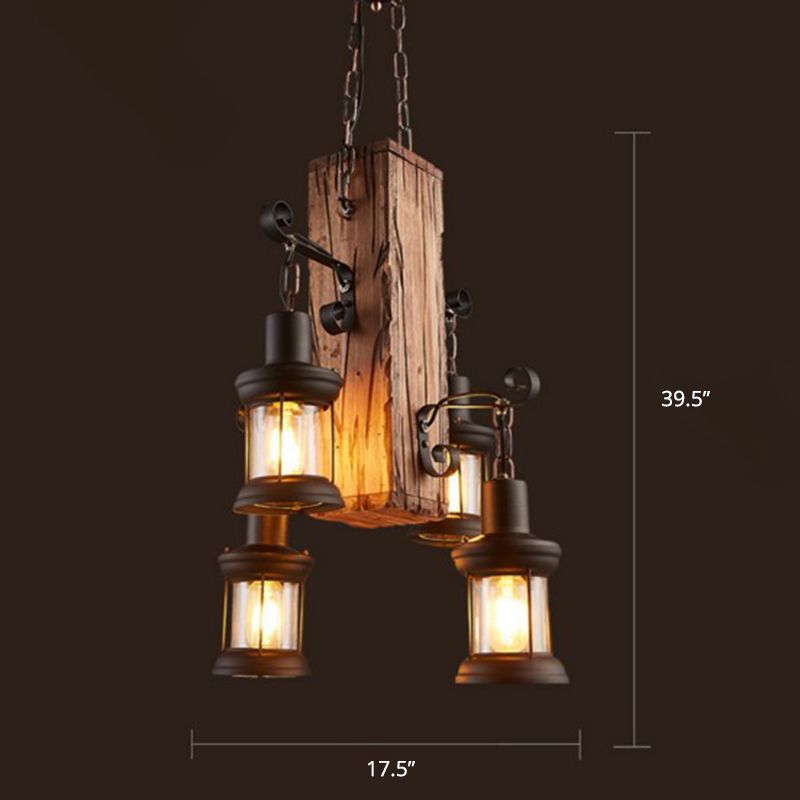 Wood 4 Heads Suspension Lighting Rustic Clear Glass Lantern Chandelier for Restaurant