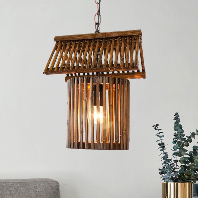 House Shape Drop Pendant Rustic Bamboo 1-Light Brown Hanging Ceiling Light for Living Room