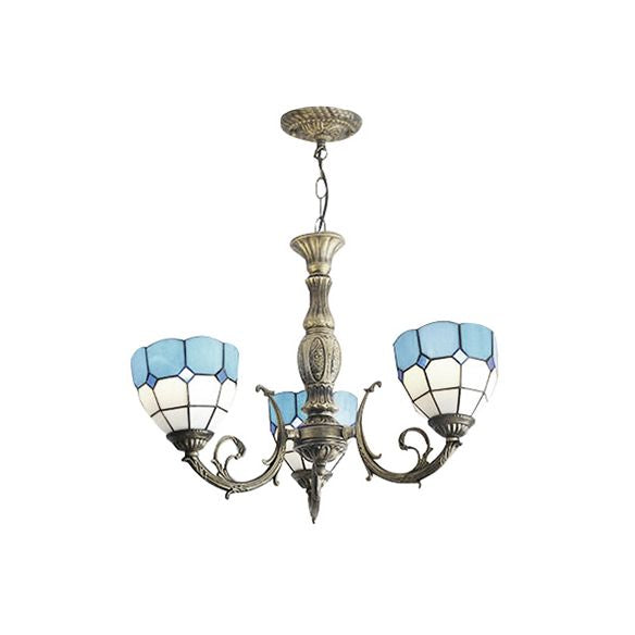 Blue Bowl Shade Chandelier Lights Tiffany Stained Glass 3-Light Chandelier Light Fixture in Blue