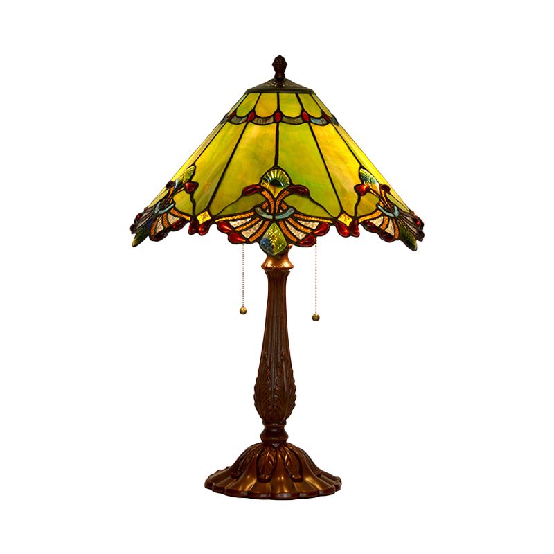 Emerald Green Glass Bronze Table Lamp Swan-Edge Conical 2-Bulb Baroque Style Nightstand Light