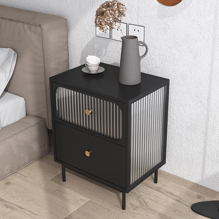 Black/White/Golden Nightstand Modern Glass 2 Drawers Night Table