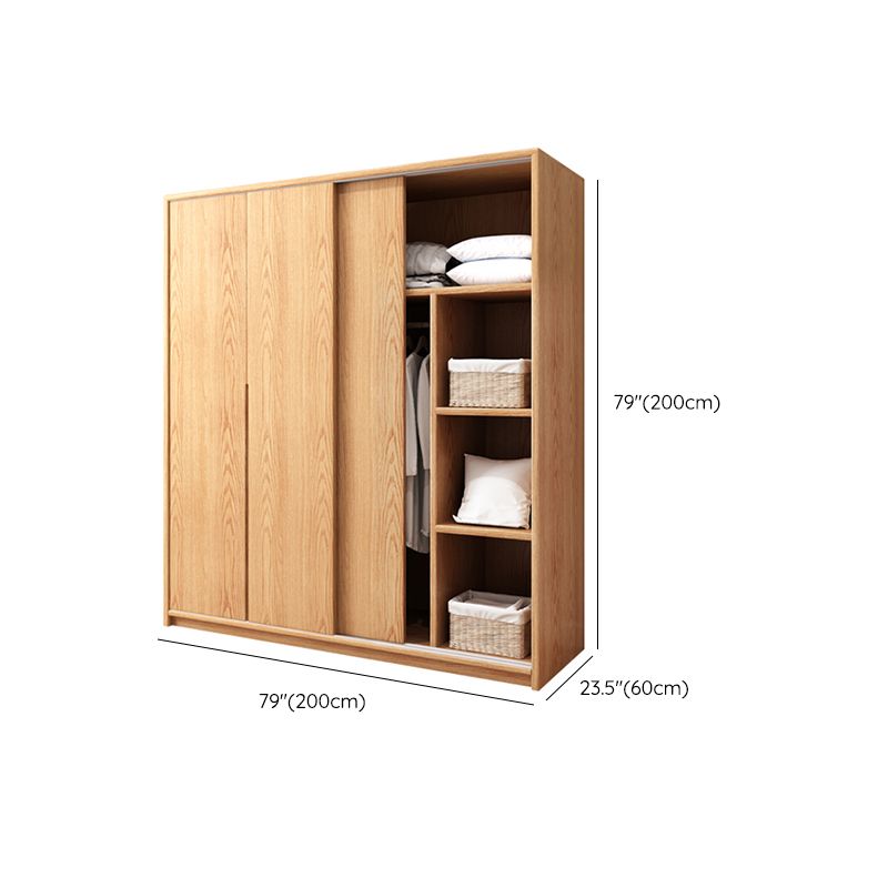 Oak Solid Wood Kids Closet Modern Style Brown Wardrobe Closet with Sliding Door