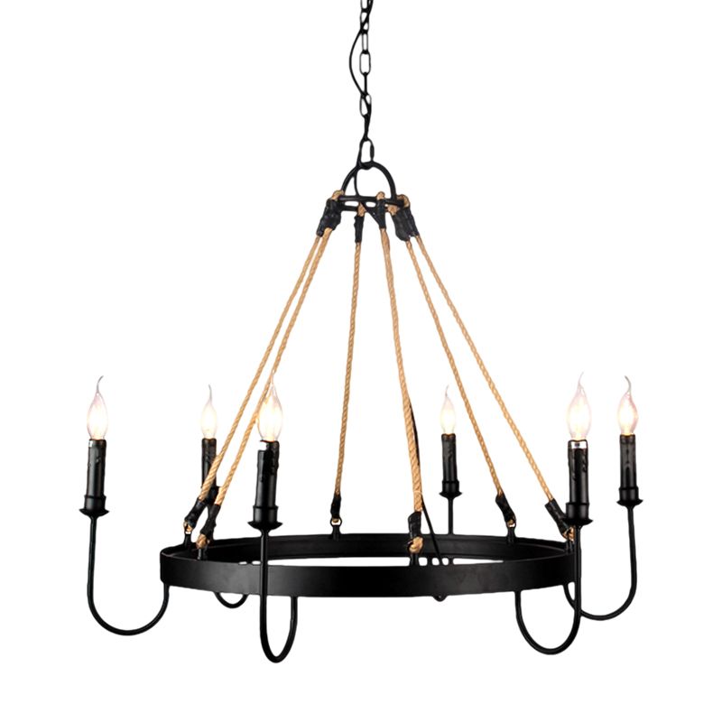 Vintage Candle Chandelier Lamp with Open Bulb 6 Heads Metal and Rope Ceiling Pendant Lamp in Black/Rust for Restaurant