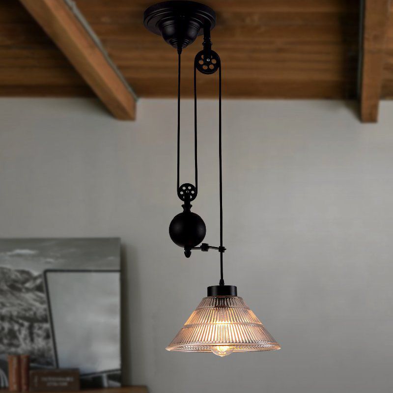 1 Head Ceiling Hang Light Industrial Ribbed Cone Clear Glass Pendant Lamp with Pulley in Black