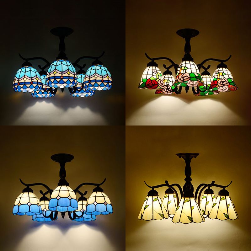 3/5 Lights Semi Flushmount with Shade Tiffany Style Stained Glass Semi Flush Lamp in Red/Blue/Green/Blue-White for Stairway