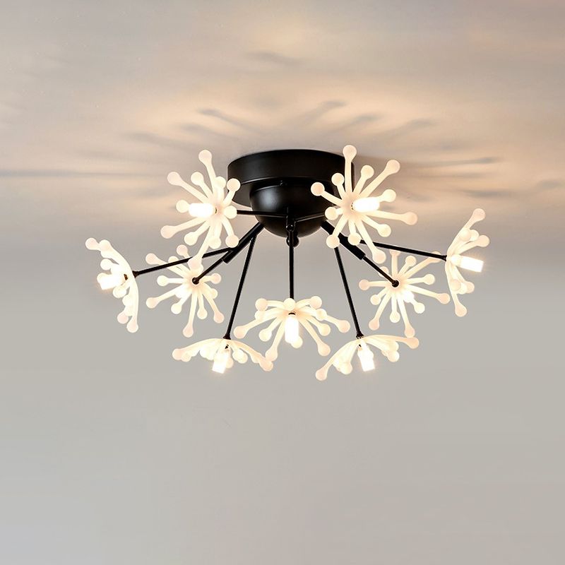 Nordic Firework Shape Semi Mount Lighting Metallic 9 Lights Bedroom LED Flush Lamp in Black/Gold