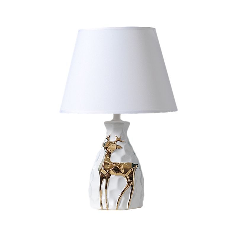 1-Bulb Tapered Desk Light Countryside White Fabric Night Table Lamp with Deer Vase Base, 11"/14"/15" Wide