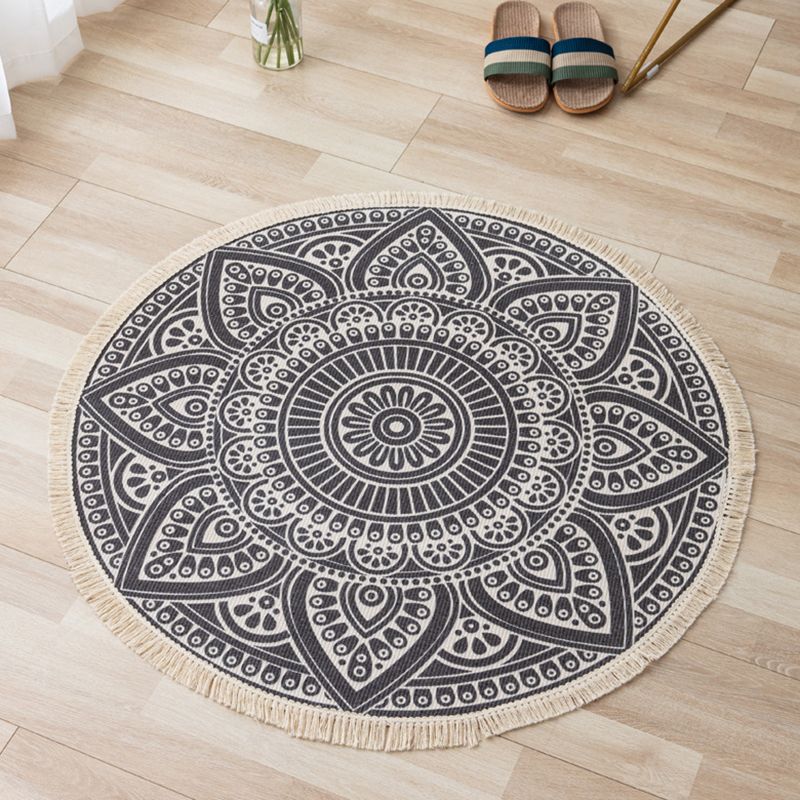 Distinctive Moroccan Round Rug Victoria Floral Printed Area Rug with Fringe Cotton Blend Washable Carpet for Home Decor