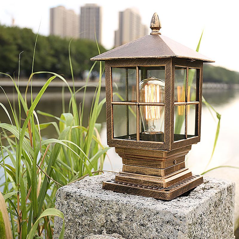 Metallic Lantern Shaped Landscape Light Retro 1 Bulb Outdoor Post Lighting with Clear Glass Shade