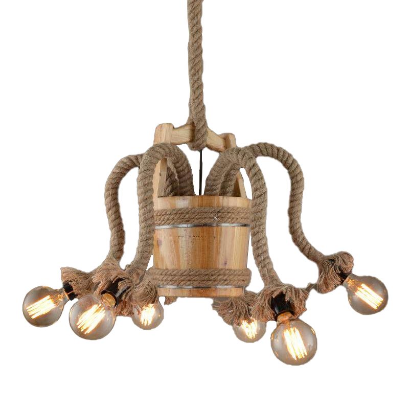 Curved Arm Dining Room Chandelier Lamp Farmhouse Rope 6 Lights Wood Ceiling Light Fixture