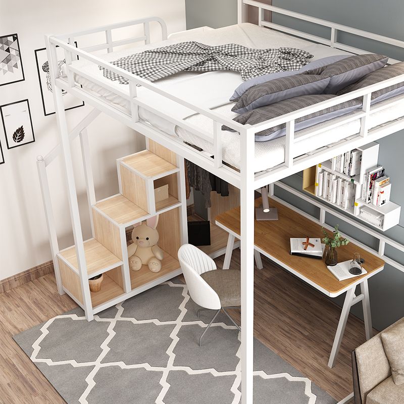 Metal Loft Bed Natural Storage Kids Bed with Guardrails and Shelves