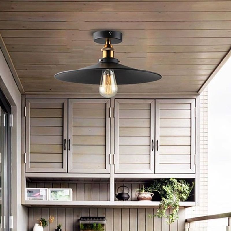 Semi-Flush Ceiling Fixture Retro Cone Metal Semi Flush Mount Ceiling Light in Black