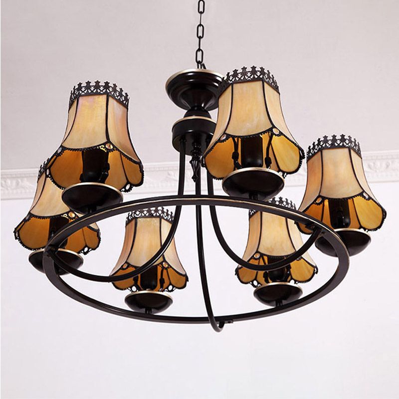 Vintage Style Ring Pendant Light with Tapered Shade Glass 6 Lights Yellow Chandelier for Hotel