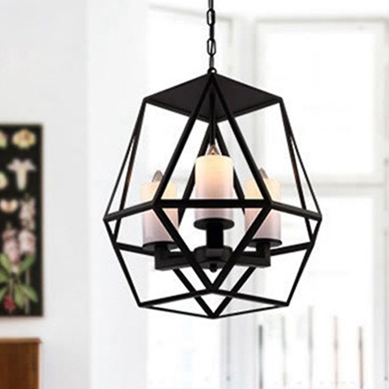 Geometric Dining Room Pendant Chandelier Industrial Opal Glass 3/4 Light Black Hanging Fixture with Cage