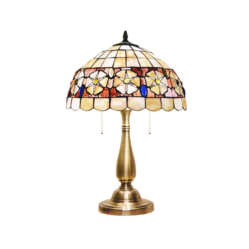 Shell Flower-Belt Hemisphere Table Lamp Mediterranean 2-Light Brushed Brass Night Stand Light with Pull Chain