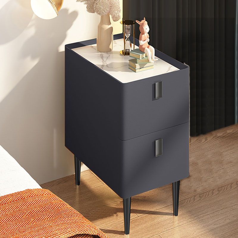 Contemporary Solid Wood Nightstand 2-Drawer Stone Top Night Table