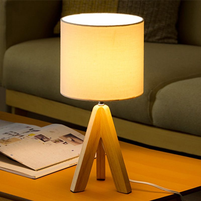 Fabric Cylinder Table Light Modern 1 Bulb White Small Desk Lamp with Wood Tripod