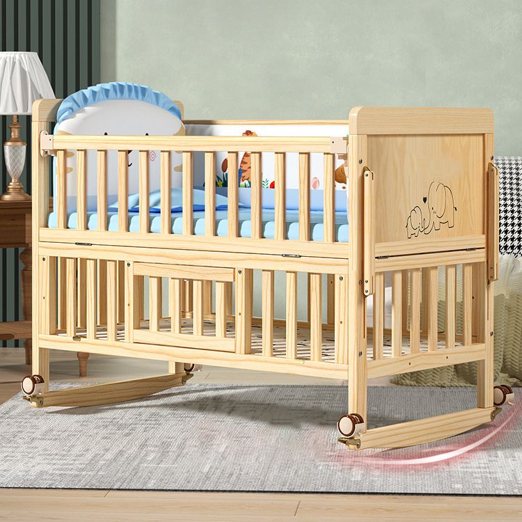 Modern Convertible Crib in Natural Solid Wood Nursery Bed with Storage