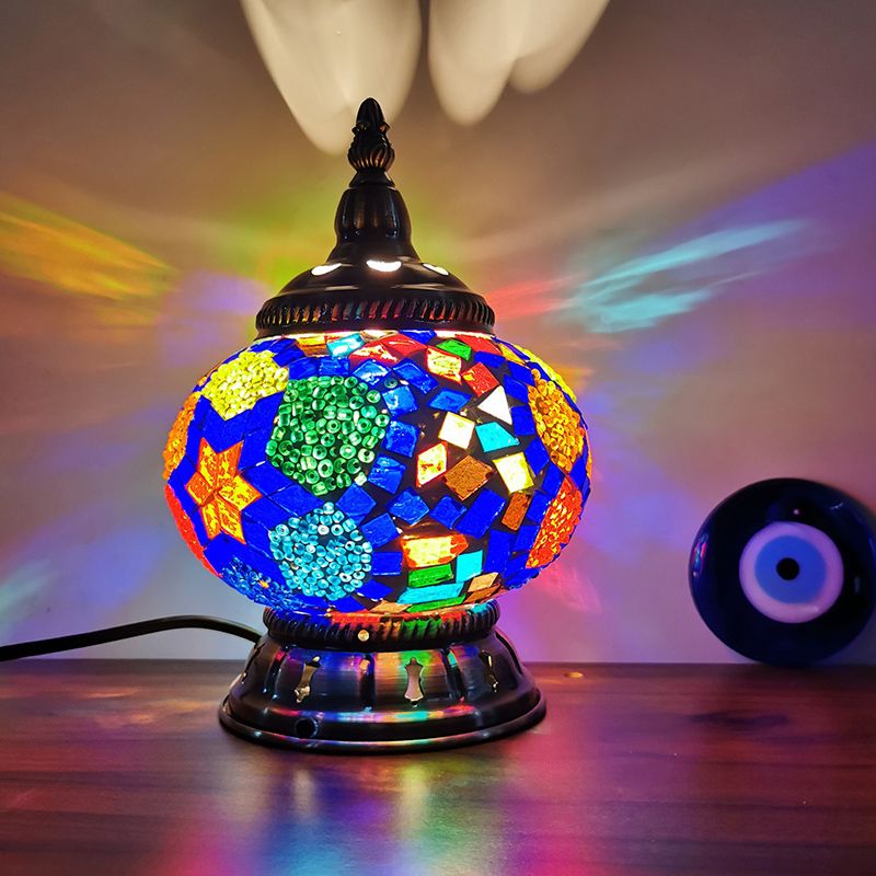 Globe Stained Glass Nightstand Light Moroccan 1 Light Bedroom Table Lamp in Bronze