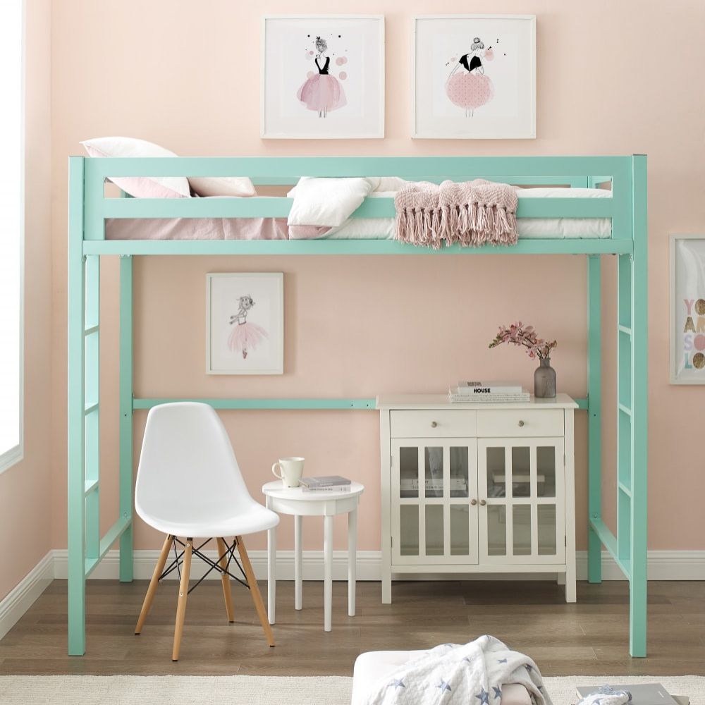 Contemporary High Loft Bed with Built-In Ladder and Guardrail in Green