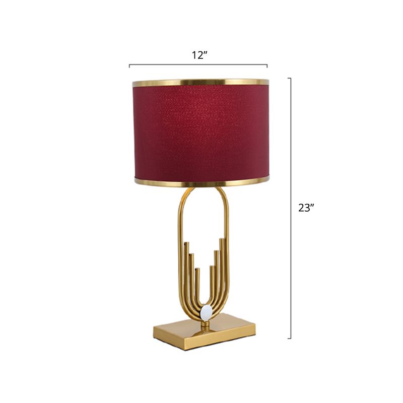 Fabric Drum Nightstand Lamp Simplicity 1 Bulb Bedside Table Lighting in Red for Living Room