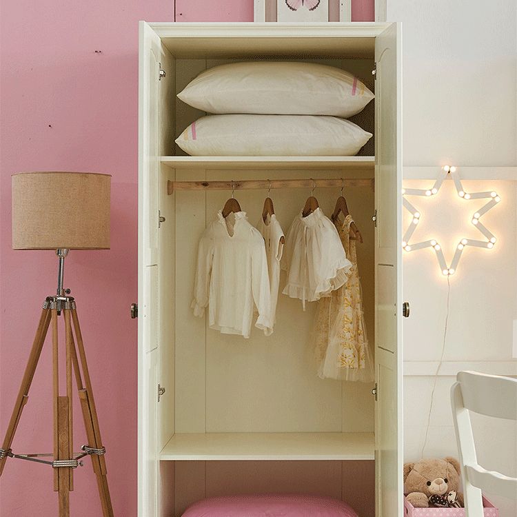 White and Pink Wardrobe Closet with Door Solid Wood Bedroom Armoire