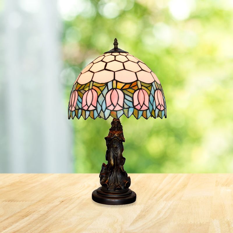 1 Bulb Honeycomb Shade Table Light Tiffany Bronze Stained Glass Nightstand Lamp with Rose Edge and Angel Base