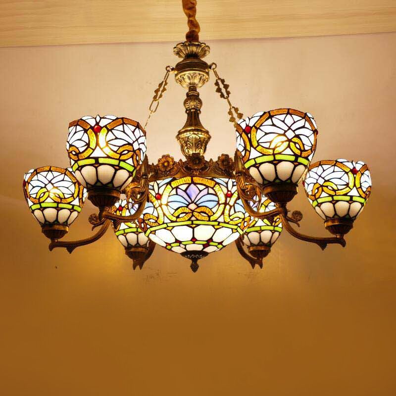 Bowl Chandelier Lighting Fixture Tiffany-Style Stained Art Glass Hanging Chandelier