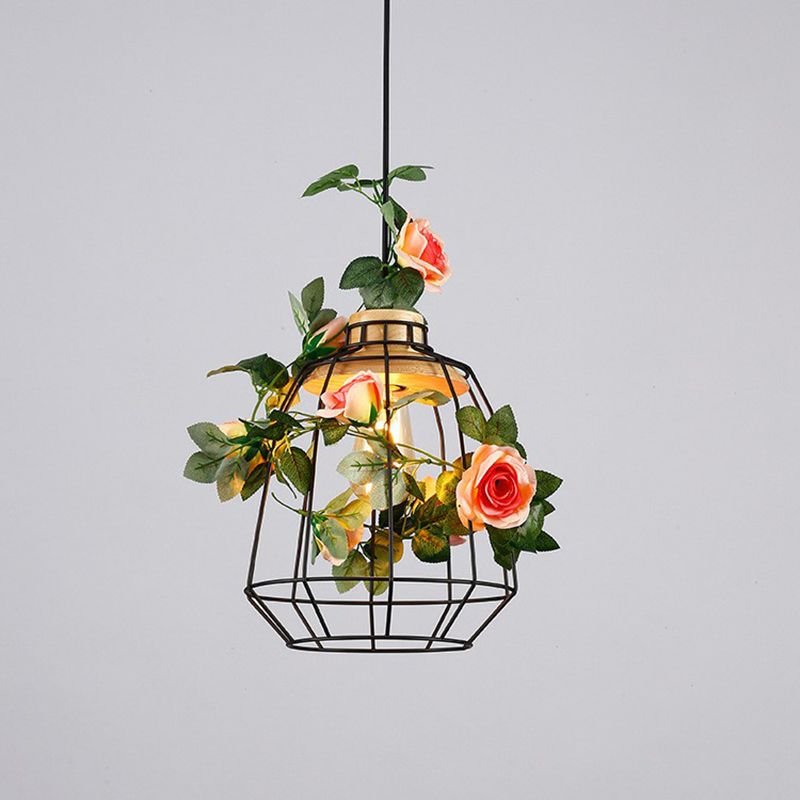 Farmhouse Wire Cage Suspension Lighting 1-Bulb Iron Ceiling Pendant with Wood Socket