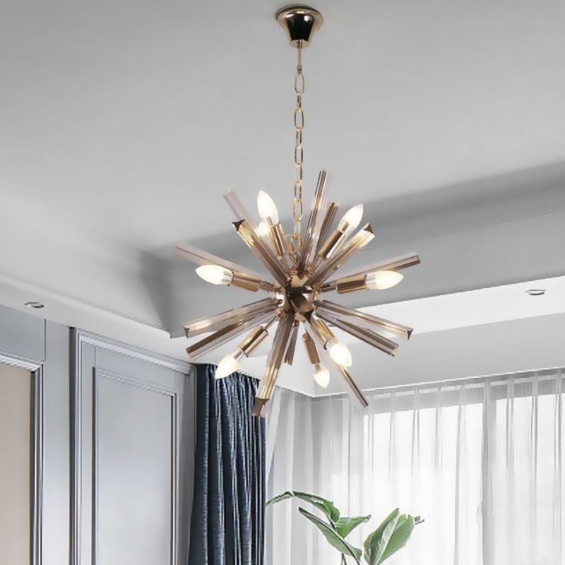 Lampada del lampadario da soggiorno a 9 bulbina Lampada a sospensione moderna in ottone con ombra cristallina smussata Starburst