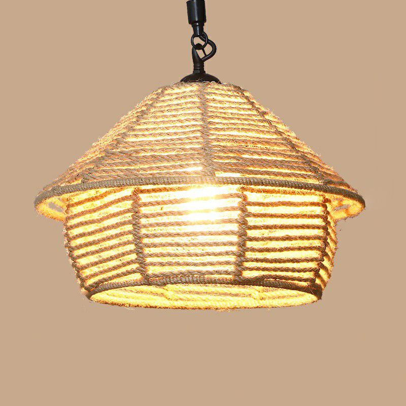 1 Bulb Hanging Light Rustic Style Wrapped Hemp Rope Pendant Light Fixture in Brown