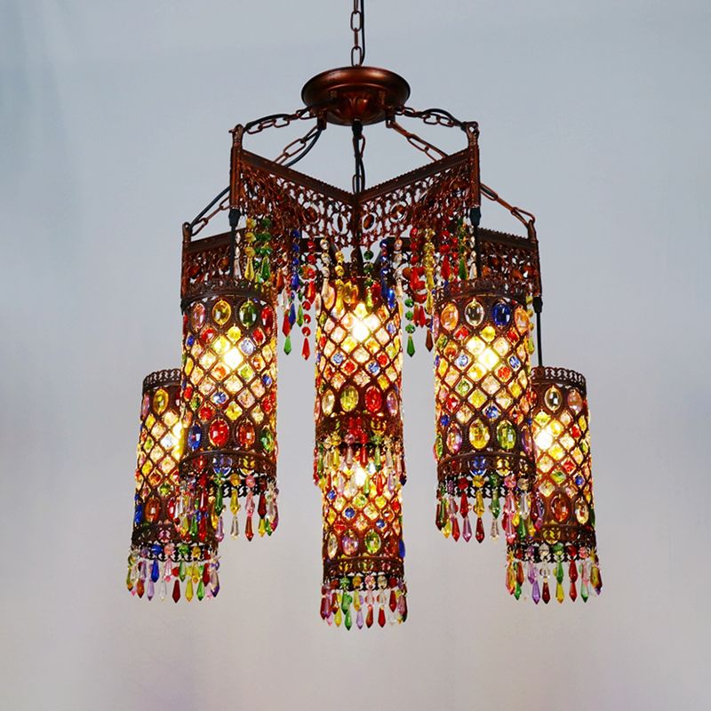 6 ampoules suspendues lustre suspendu Bohemian Cylinder Metal Pendant Lightture en cuivre pour le salon