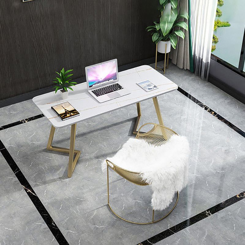 Glam Office Desk Rectangular Marble Writing Desk with Metal Legs