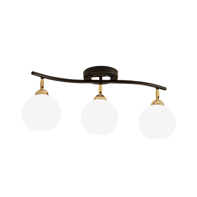 Wave Linear Iron Semi Flush Mount Minimalist 3 Heads White/Black Flush Light Fixture with Global Opal Glass Shade