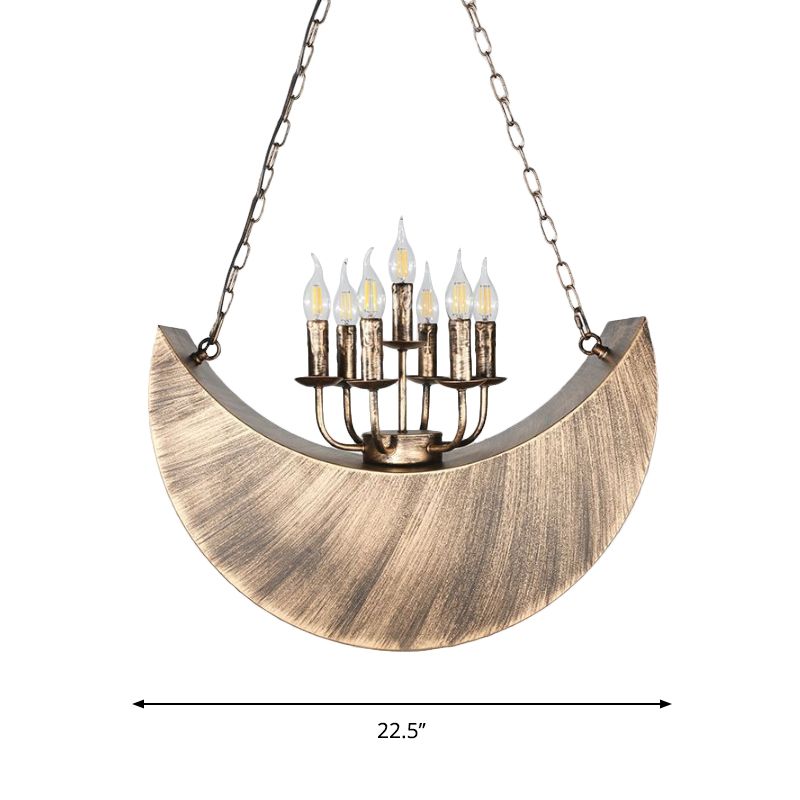 Living Room Candle Hanging Light with Crescent Deco Metal 7-Light Vintage Chandelier in Legacy Brass