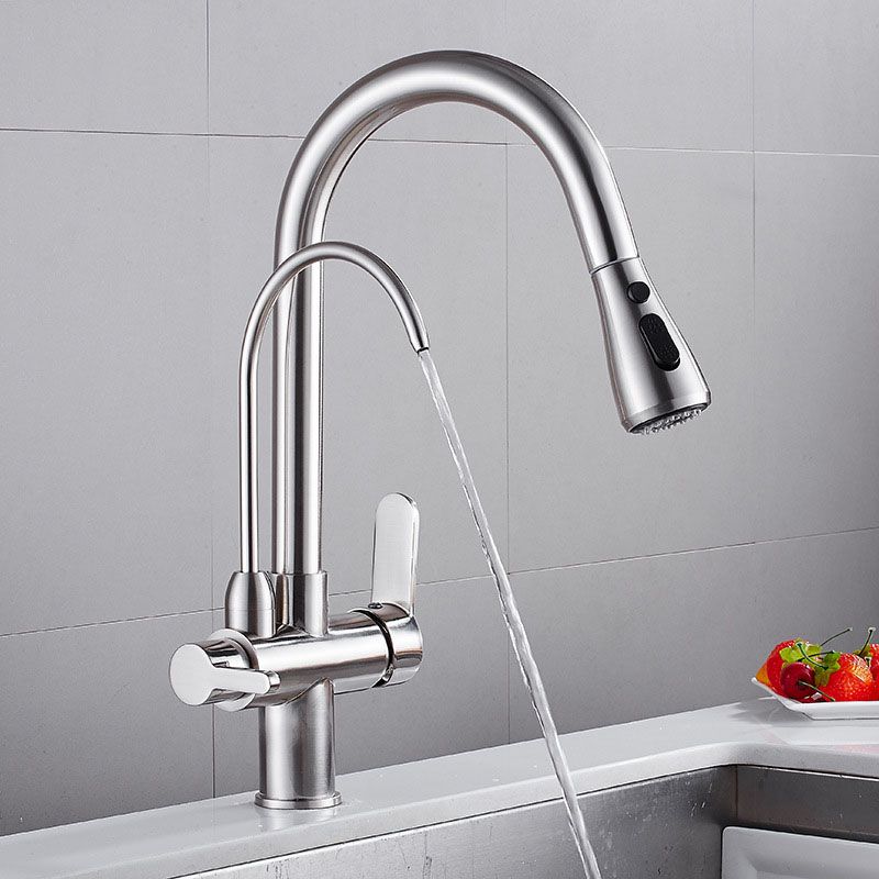 1 Hole Kitchen Faucets Metal Pulldown Sprayer Kitchen Faucet with Double Handles