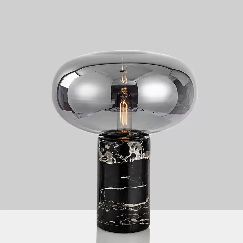 Ellipse Smoke Grey/Amber Glass Table Lamp Post-Modern 1-Light Black Nightstand Light with Cylindrical Marble Base