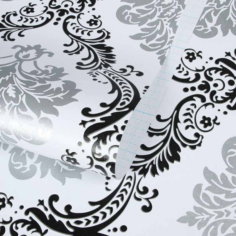 Black and White Damasque Wallpaper Water-Resistant Wall Covering for Living Room, Self-Adhesive