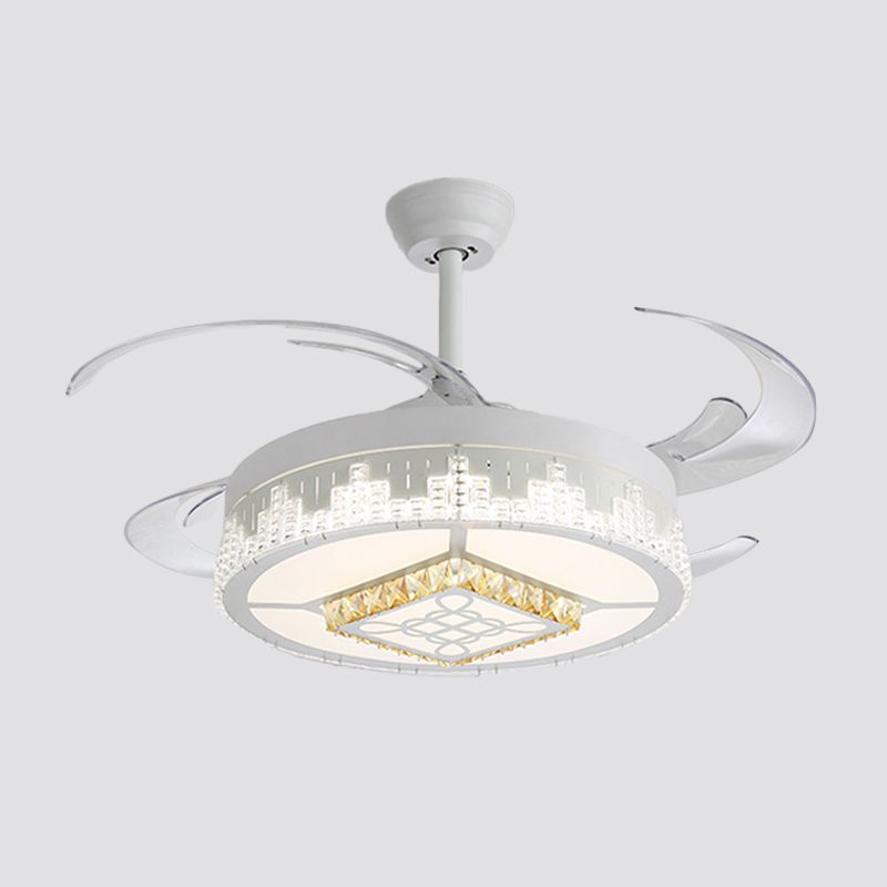 Nordic Round 4-Blade Semi Flush Light Fixture Crystal Living Room LED Hanging Fan Lamp in White, 19" Wide