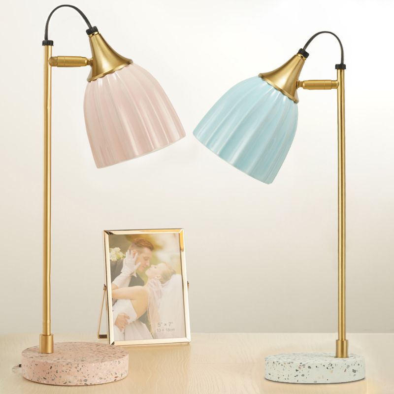 Pink/Sky Blue Ribbed Domed Table Light Modernism 1 Head Ceramics Desk Lamp with Gold Arm and Marble Base